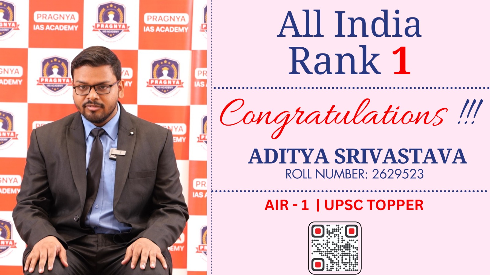 AIR 1 UPSC TOPPER ADITYA SRIVASTAVA CONGRULATED BY CHAIRMAN OF PRAGNYA IAS ACADEMY