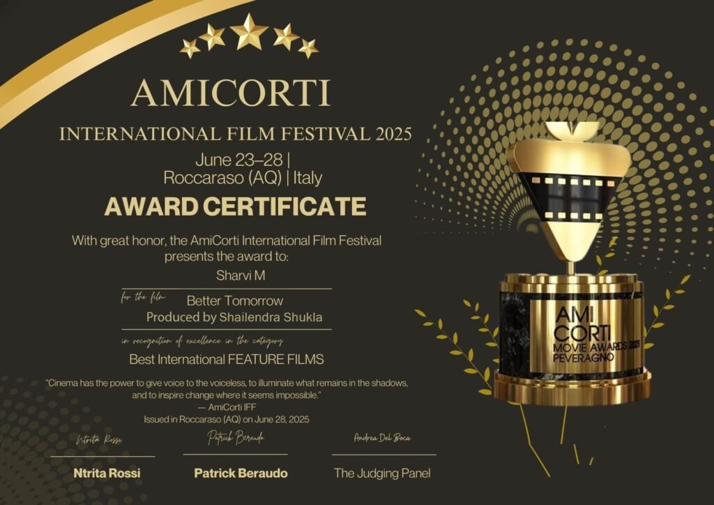 Tamil Film Better Tomorrow awarded ‘ Best International Feature Film ‘ at the AmiCorti International Film Festival Italy 2025